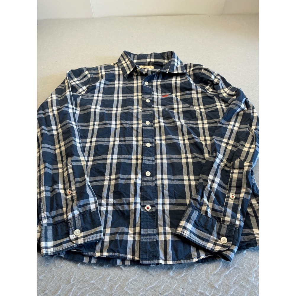 Hollister Plaid Button Down Shirt‎ Navy Blue White Long Sleeve Large Casual Mens